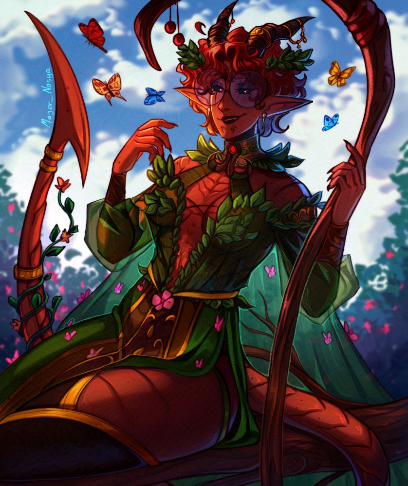 An art of my dnd druid tiefling Ruby. Here she wears a leaf-like dress, holding her wand and smiling. The dress has a large neckline, up to the navel, trimmed with foliage around the perimeter. Starting from the waist, the dress is divided into two parts by a large slit, from which Ruby's leg is visible 👀
Ruby is a devil-like character with two horns, red hair/skin, tail and pointy ears. She wears a wreath of green leaves and lots of jewellery on her tail and horns. Five colourful butterflies fly around her while she sits on a branch somewhere in the garden 👀