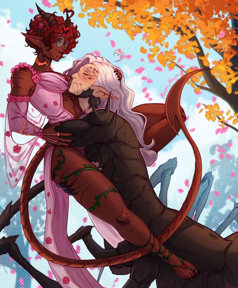 An illustration of a *drider holding a **tiefling lady in his arms. He wraps his arms around her waist and lifts her above his head. He leaned gently against her, closing his eyes, and smiled
The woman puts one hand on his and the other on his white-haired head. She wears a long pink dress decorated with pink flowers. A green liana is wrapped around her left leg, which extends to the man's spider abdomen

*Drider - a centaur-like creature with the lower part of a spider
**Tiefling - a demon-like humanoid creature with horns and tail
