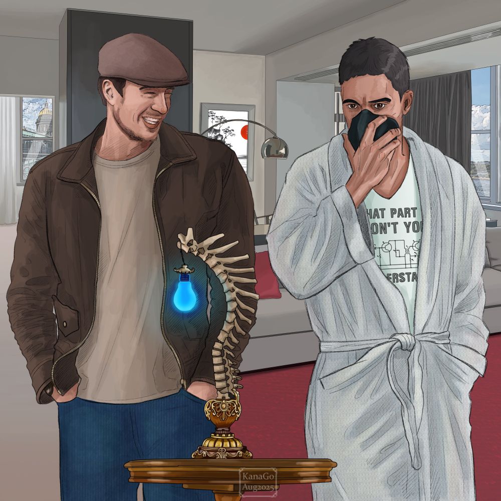 Igor has given August an awesome lamp as a gift. This lamp looks suspiciously like a spine with a blue light which in turn reminds of the peculiar piece of high-tech supporting August's body and life. But it's a pure coincidence, right? Just look how August is happy! 😉

The idea of the lamp is a pinterest photo