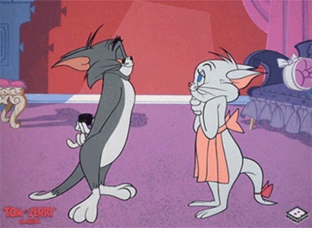 a cartoon of tom and jerry standing next to each other on a purple background