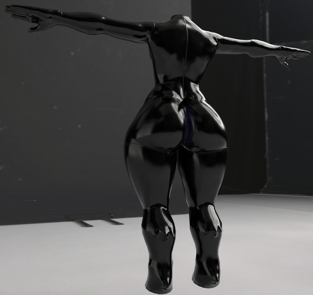 a black latex suit from the back