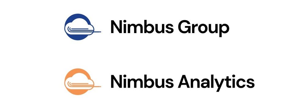 A pair simplistic logo laid vertically, which depicts a cloud and some lines to depict a gust of wind. The top logo is blue, the bottom logo is orange. The text for the top logo reads "Nimbus Group" and the bottom one reads "Nimbus Analytics."