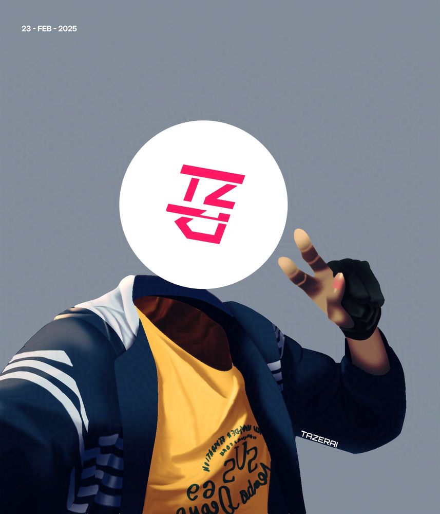 A drawing of a person in blue jackets with a yellow shirt. In place of the head is a simplistic sci-fi logo however.