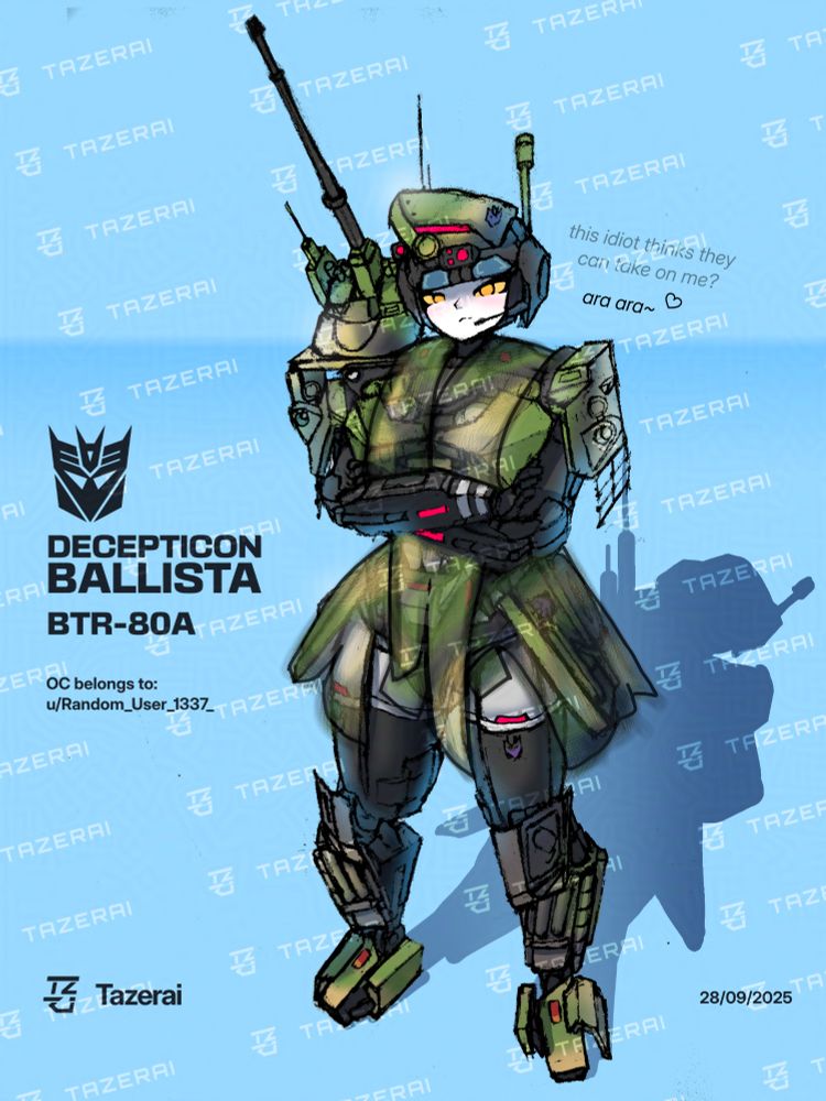 A green robot lady stands on a blue background. She transforms to a BTR-80A. She wears a slightly transparent dress and skirt out of camo nets.