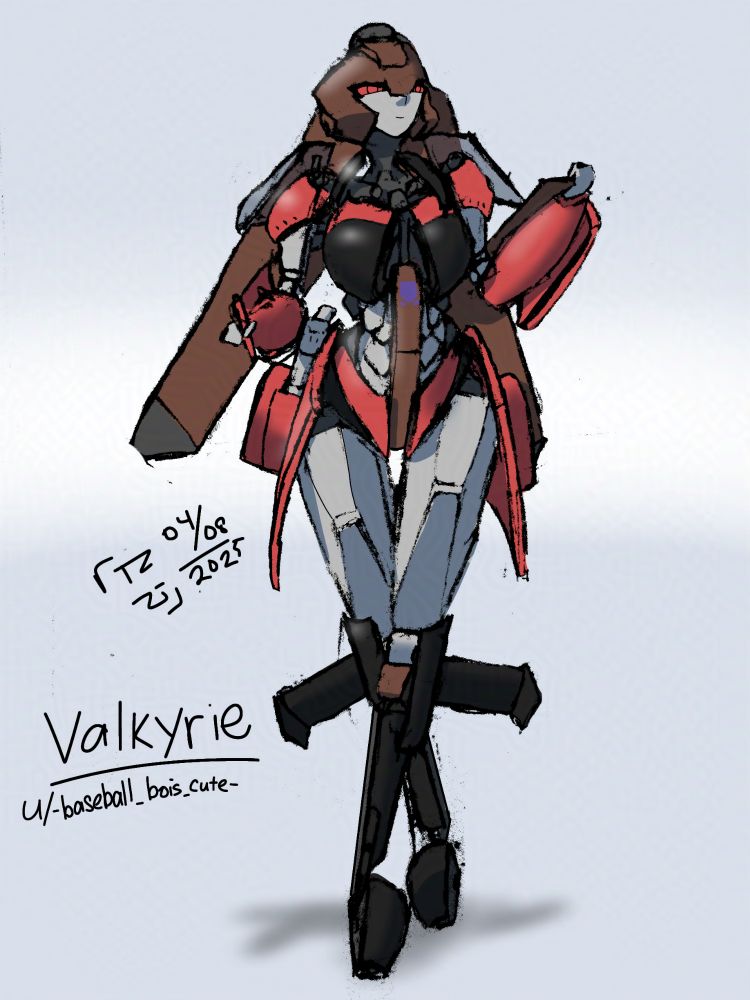 A red-black feminine robot stands with her legs crossed, her left arm is carrying a clipboard and her right hand is holding a pen.