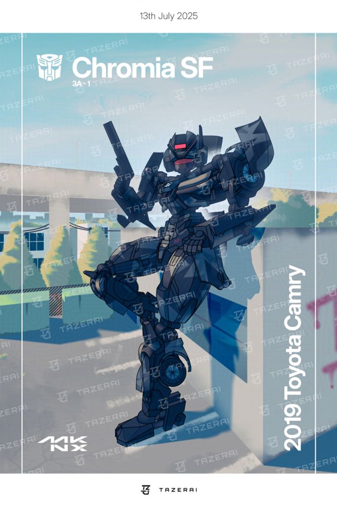 A dark grey robot holding a pistol, leaning on a concrete building.