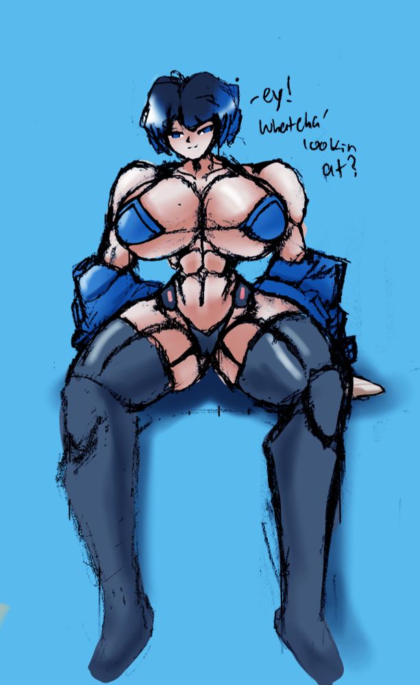An athletic woman with short black and blue hair sits on an empty blue background. She is wearing a blue bikini and black panties and thigh highs. Her blue jacket is partially taken off.
