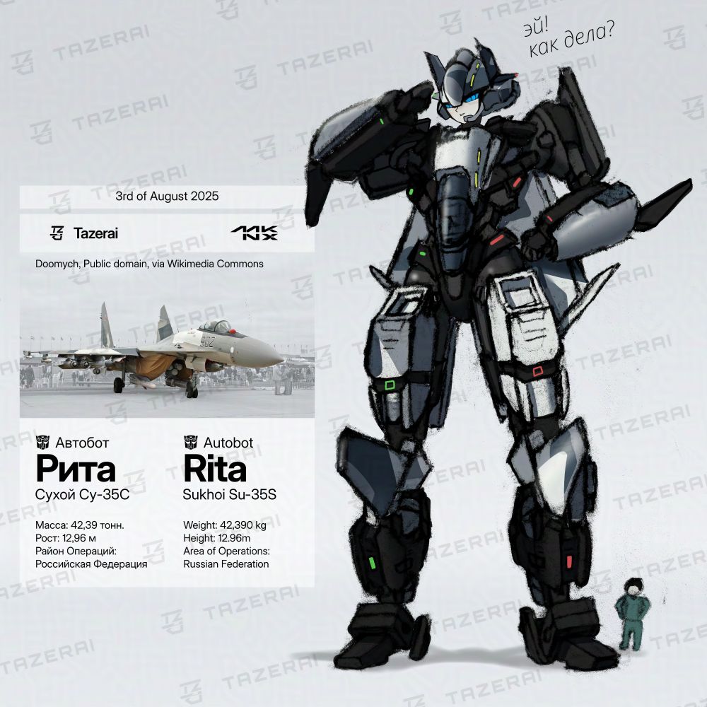 Character profile of the Autobot Rita, a robot based on the Russian Sukhoi Su-35S fighter jet. She stands beside a human for scale, with specs and Russian/English text.