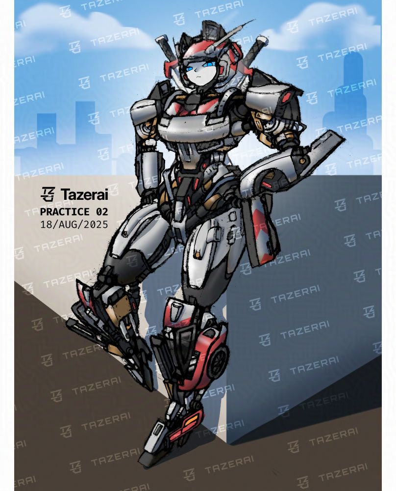 A silver-red robot leans on a building