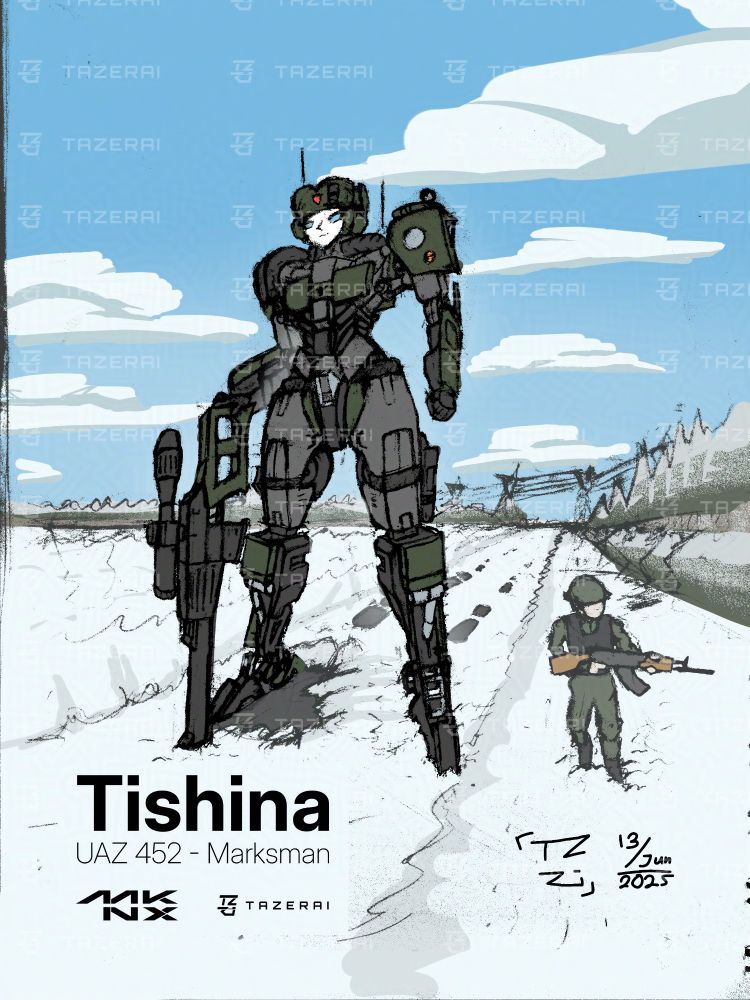 An olive green and grey robot holds a snippet rifle and stands on a snowy road 