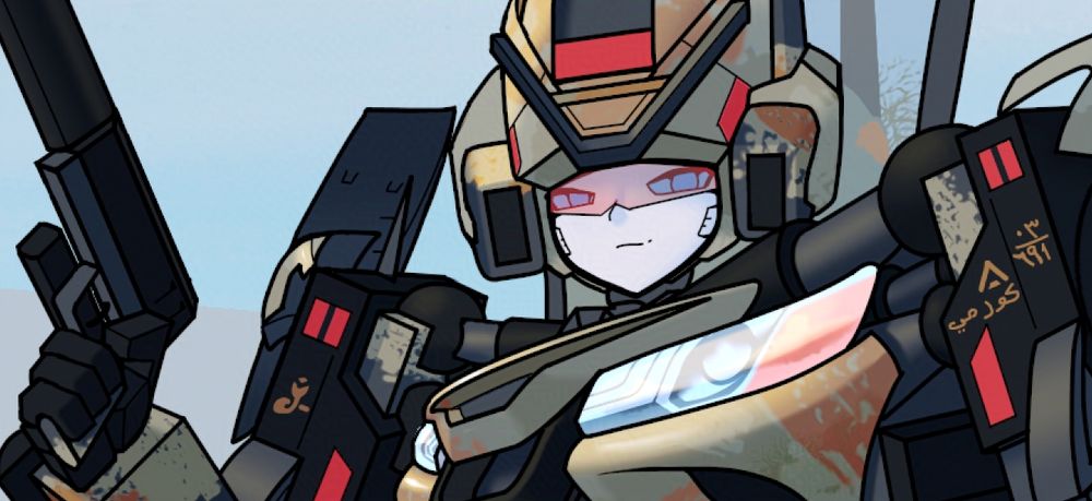A beige coloured robot holds a suppressed pistol with their right hand. The robot has a pink visor covering their eyes.