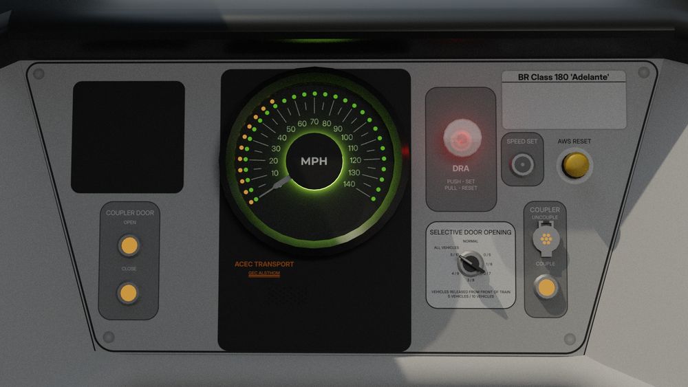 A closeup Blender render of a British Rail Class 180 'Adelante'.