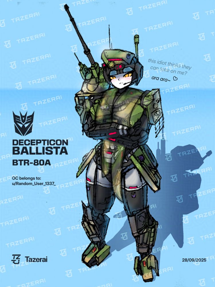 A green robot lady stands on a blue background. She transforms to a BTR-80A. She wears a slightly transparent dress out of camo nets.