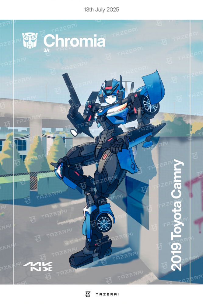 A blue robot holding a pistol, leaning on a concrete building.