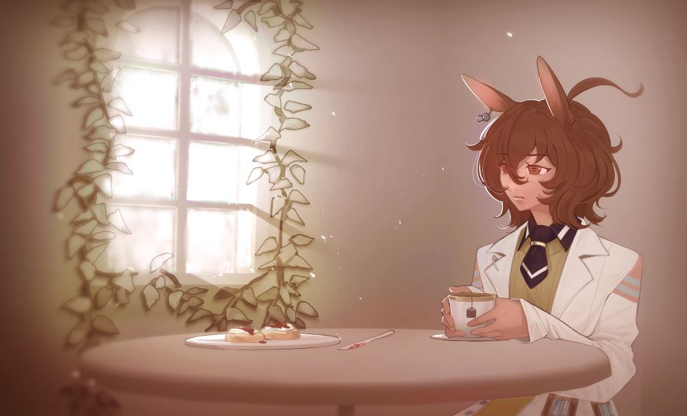illustration of agnes tachyon from umamusume. she's sitting at a table, holding a cup of tea looking towards a window