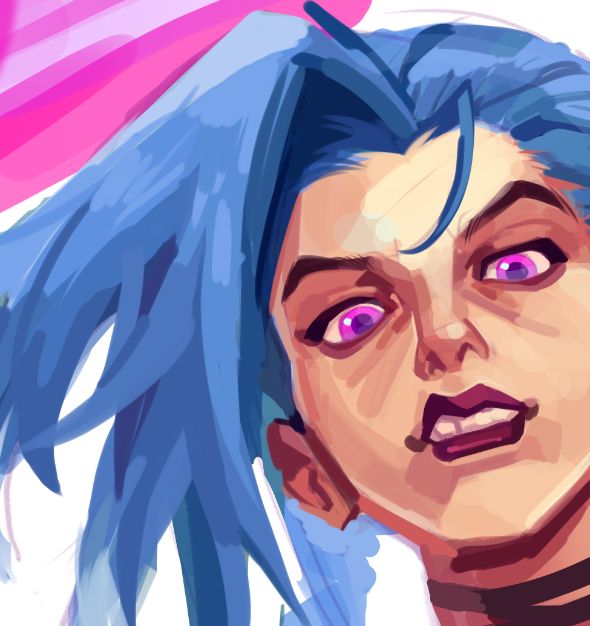 very close-up screenshot of a work in progress drawing of jinx from the show arcane! currently in a roughly coloured state with no lineart