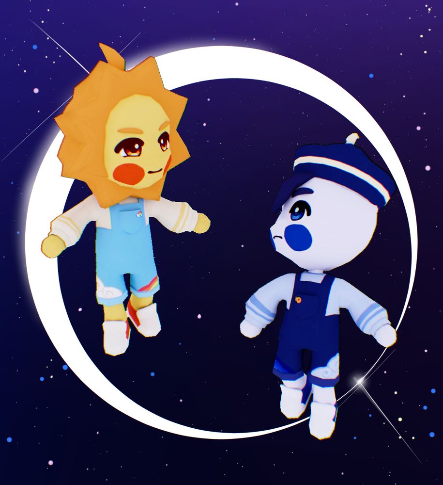 3d models of rosathedrawingfan's oc's leo and lu! they're floating in space, looking at eachother