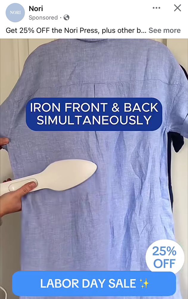 NORI Nori Sponsored • ••• Get 25% OFF the Nori Press, plus other b... See more IRON FRONT & BACK SIMULTANEOUSLY 25% OFF LABOR DAY SALE +