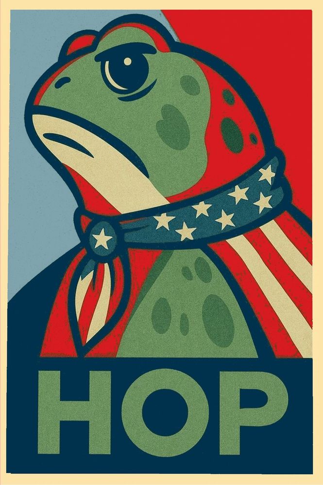 A frog in the inimitable style of the Shepard Fairey HOPE poster of Obama.  