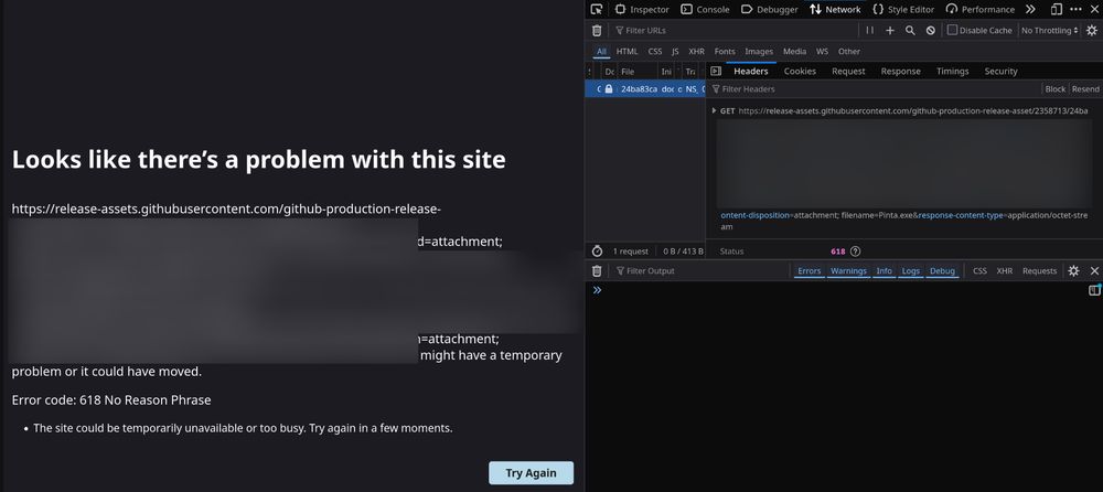 Попытался скачать файл с гитхаба.
Error code: 618 No Reason Phrase