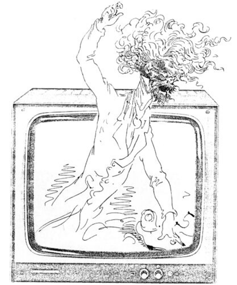 Un homme hirsute, poing levé, visage vindicatif, sort du cadre d’un téléviseur cathodique, comme un diable de sa boîte. Montage noir et blanc réalisé pour la brochure de la 9e Revue de l’image organisée par le service audiovisuel du Centre Pompidou le 7 juin 1979, consultable à la bibliothèque Kandinsky, intégrant une gravure de Gustave Doré, tirée de Paris et Versailles 1871, Paris, Plon-Nourrit et Cie, 1907, page 6, consultable sur Gallica de la BnF.