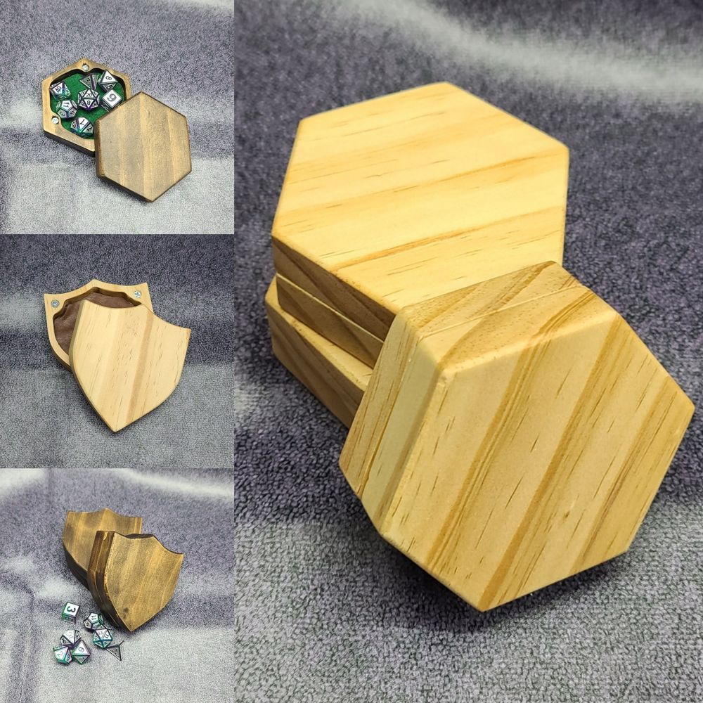 A collage of pictures of various dice boxes. Large picture on the right: 3 pine wood hexagon dice boxes. Left, top to bottom: (Picture 1) a hexagon dice box that is stain dark brown. The lid is only partial covering the bottom showing a green felt interior and one set of dice inside. (Picture 2) a shield dice box with the lid partially off showing a faux leather interior. This box is light pine wood. (Picture 3) two shield dice boxes. They are both stained dark brown and a set of dice is scattered in front of them.