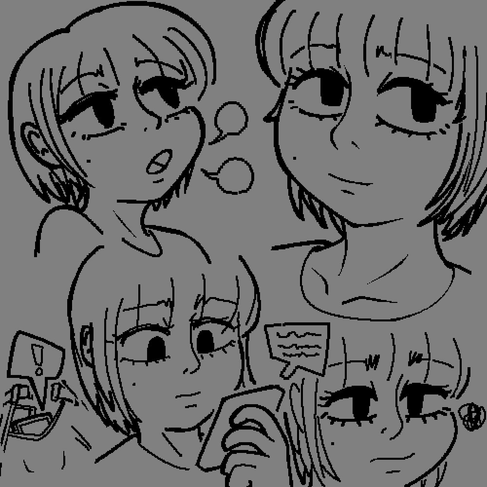 collection of sketches of a short haired girl talking, getting a notification, and getting disappointed at a notification on her phone