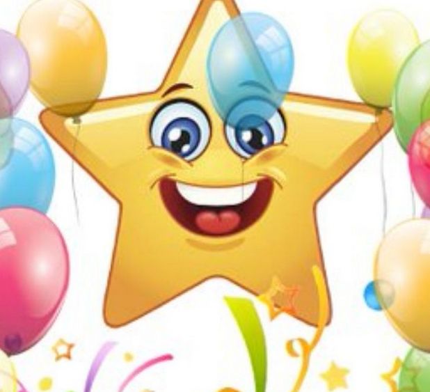 Image of a star with a smiley face surrounded by balloons and confetti