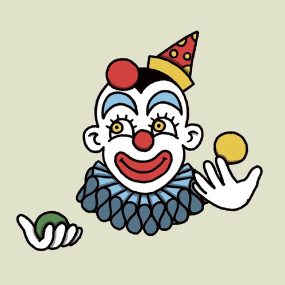 a cartoon drawing of a clown with balls on his face