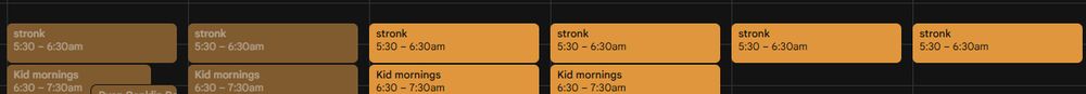 A screenshot of an idiot's calendar with a recurring event called "stronk"