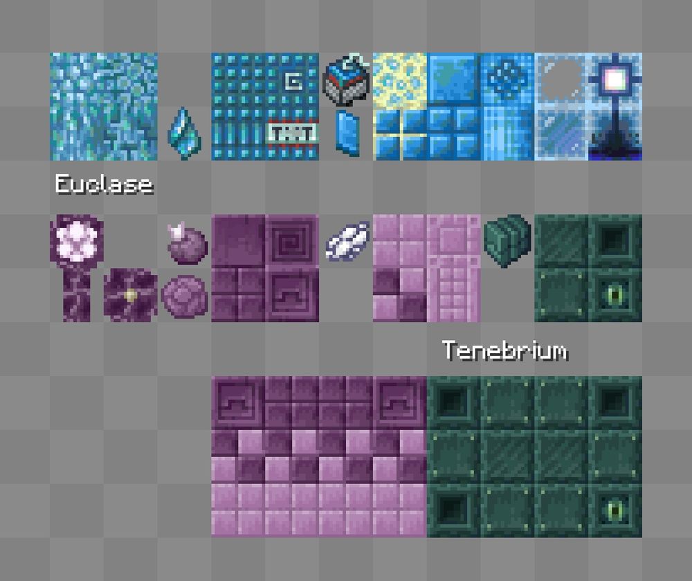 Euclase & Tenebrium sets, as well as the new Chorus/Purpur blocks