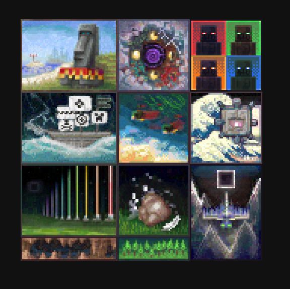"Statue" "Anchor" "Endy Warhol" "Storm" "Life Cycle" "Waves" "Rainbows" "Death" "Drippy" "Boscage" "Underworld"