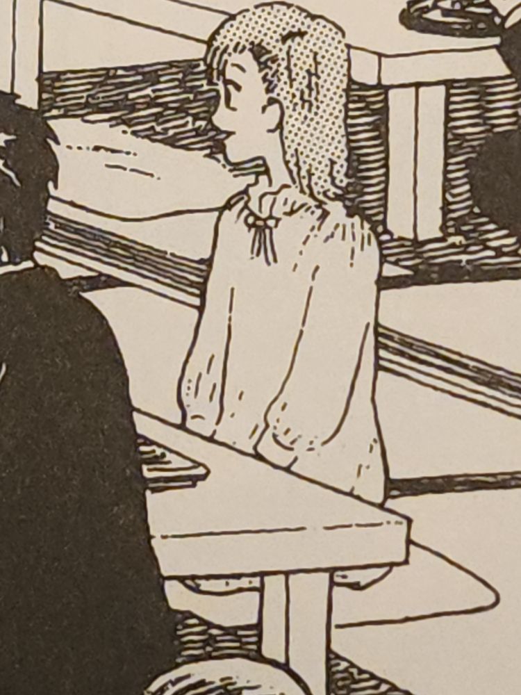 oishinbo panel of kurita ryoko in a mildly frilly, conservative party dress