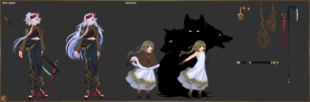 A wide drawing showing designs of two different characters, Surveyor and Spectre. Both designs have details surrounding the character that highlights who they are.