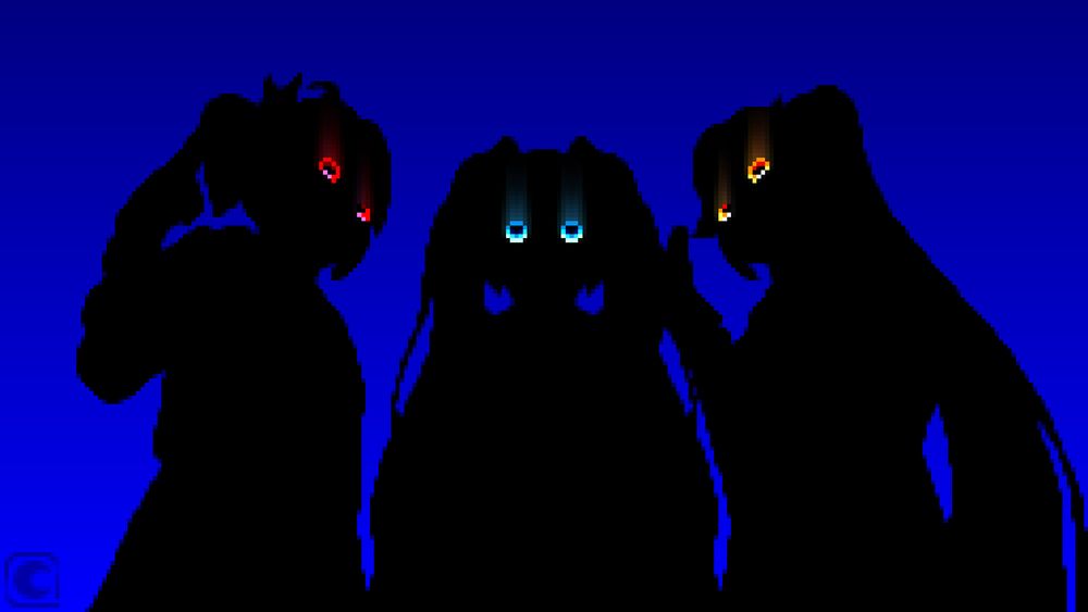 In the drawing are three silhouettes of the vocaloids Kasane Teto, Hatsune Miku, and Akita Neru (in left to right order). Each one shows minimal detail against a slightly gradiented blue background with their eyes glowing with their eye colors.