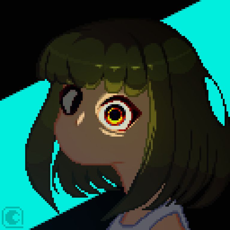 A piece showing of an OC named "Spectre" with her glowing eye in front of a cyan and black background, her olive hair reflecting some of the light from the eye itself.
