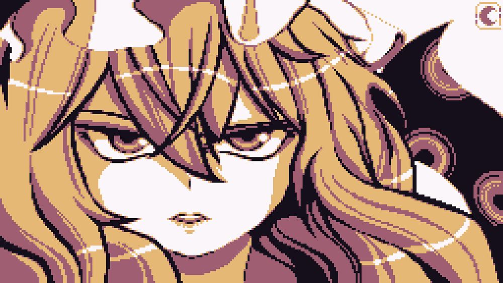 A character drawing featuring the Yukari Yakumo from the Touhou Project series, a danmaku game series featuring a wide assortment of characters all based and referenced to Japanese folklore.

The drawing showcases a 4-color palette designed with Yukari's colors in most interpretations of her, mimicking an NES-style color restriction. In the scene behind Yukari, there is a rift showing eyes, an imagery associated with her ability to transcend space and manipulate these rifts at her discretion.
