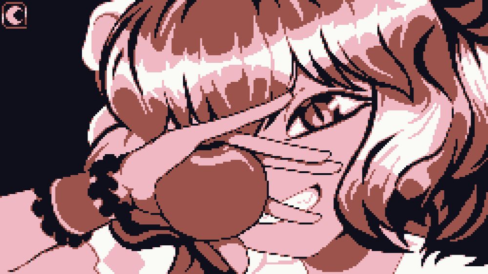 The character Flandre Scarlet from the Touhou series holding an apple in front of her face with a toothy smile, referencing the hit Touhou animation "Bad Apple!!" released in 2009 on Youtube. Artwork is a minimal color palette of four colors, the style of the NES/SNES era of games gaining popularity from artists/developers around.