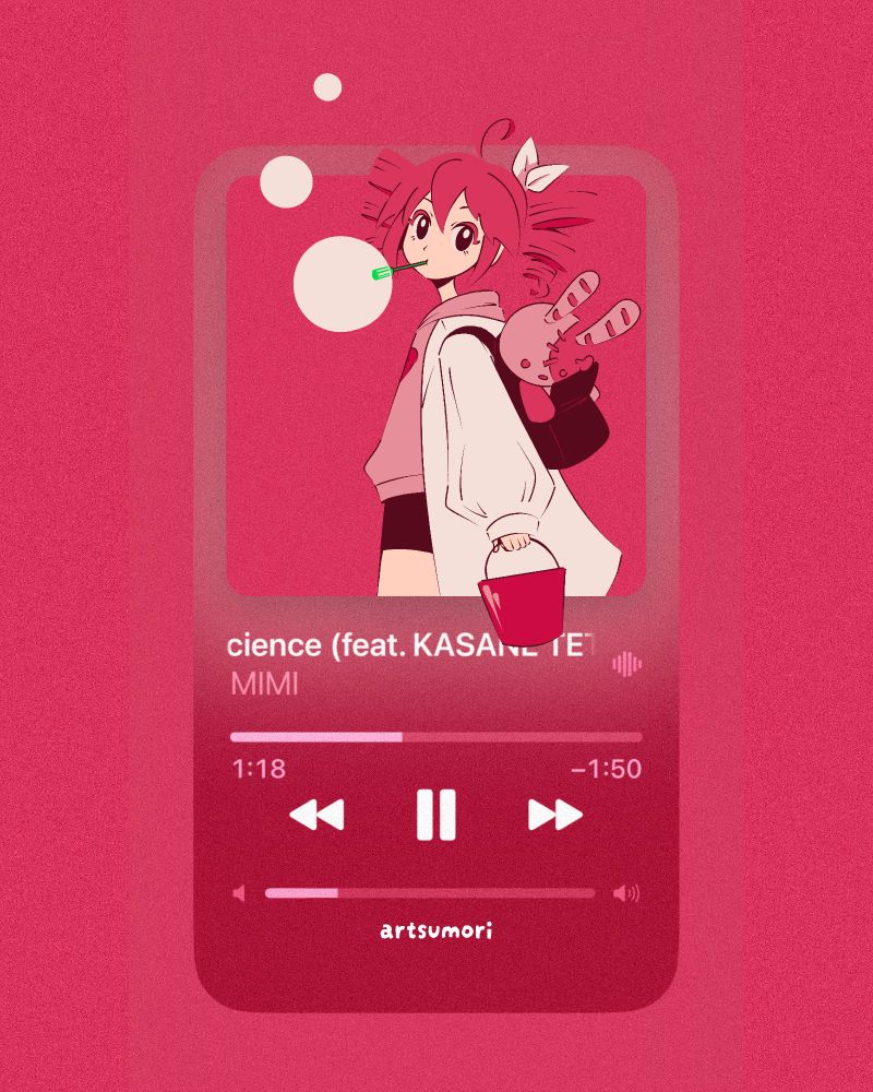 digital drawing of kasane teto. text: science feat. Kasane teto. mimi. 