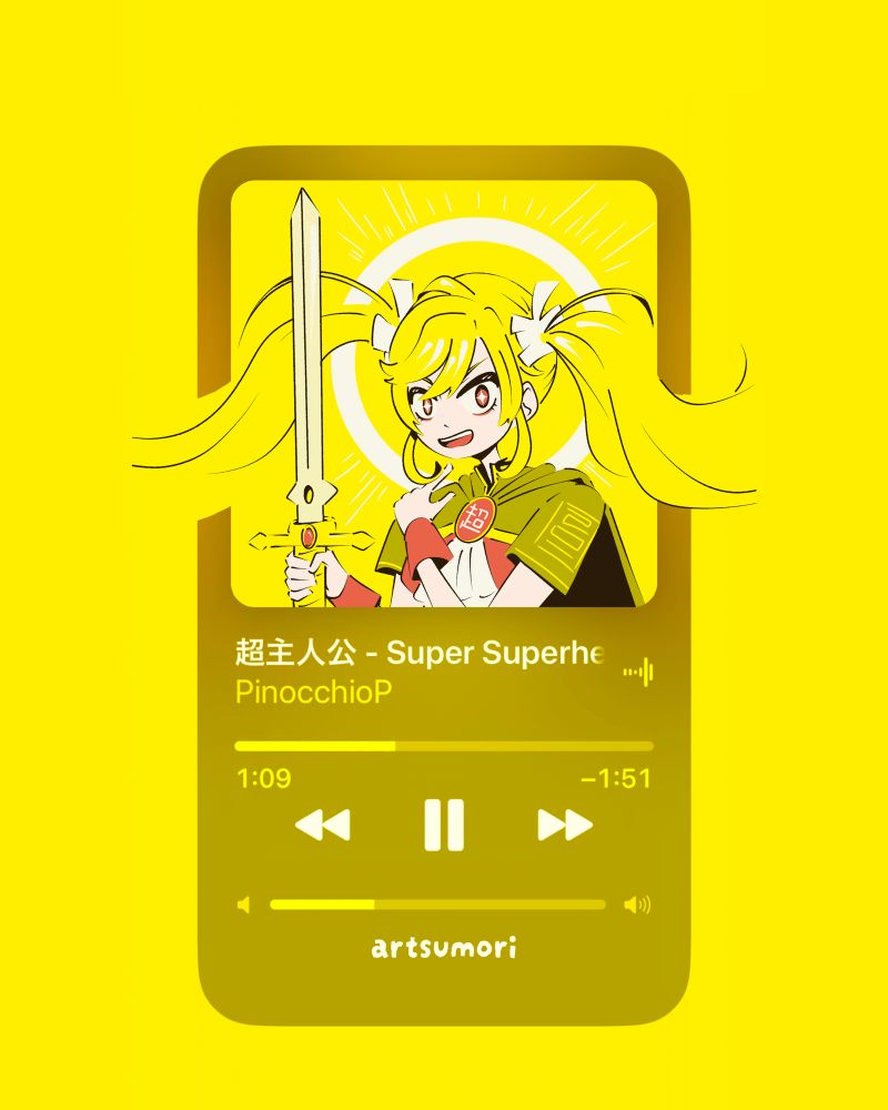 digital drawing of hatsune miku holding a sword. text: super superhero pinocchiop