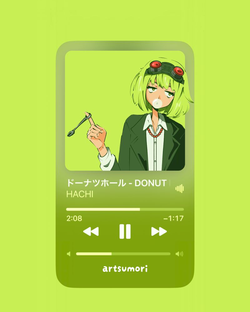 digital drawing of gumi in her donut hole outfit. text: donut hole written in japanese, hachi. 