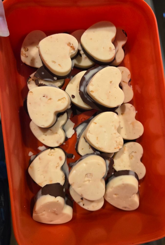 White chocolate with toasted coconut over darker chocolate in heart shapes in a red tupperware