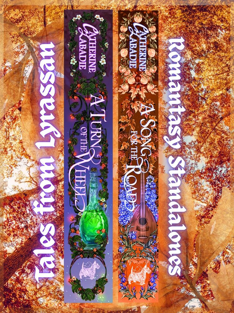 Just the spines for catherine labadie's cottagecore romantasy standalone Tales from Lyrassan series A TURN OF THE WHEEL & A SONG FOR THE ROAD