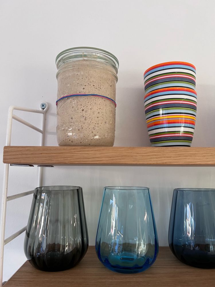 Regal mit drei bunten Gläsern, zwei bunten Tassen und einem Glas mit Anstellgut, das bis zum Rand voll ist. In der Mitte ein Gummiband.