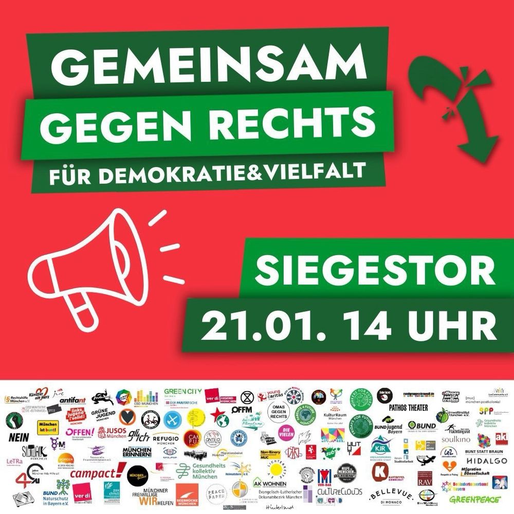 Sharepic zur Demo „Gemeinsam gegen rechts“, am 21.01.24 ab 14 Uhr am Siegestor in München.