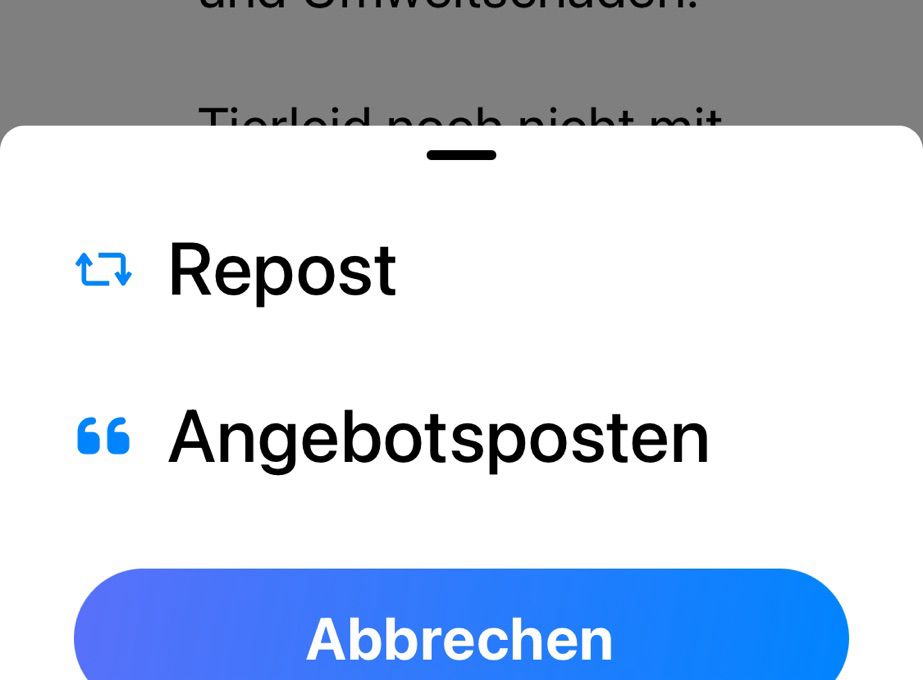 Screenshot eines Posts, den ich sharen möchte, mit den Optionen „Repost“ und „Angebotsposten“