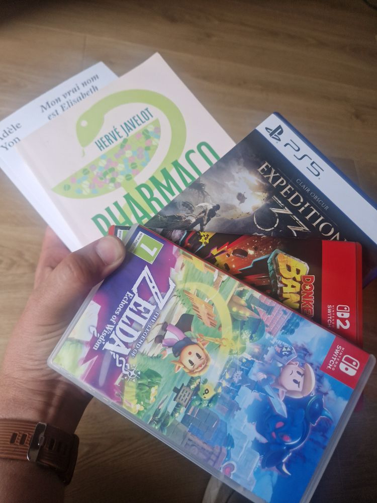 Tout ce que je vais faire pendant les. A vacances!
Lire Pharmacofolie d'Hervé Javelot et le fameux "Mon vrai nom est Élisabeth" d'Adèle Yon
Finir Clair Obscur Expédition 33, Zelda Echoes of Wisdow et Donkey Kong Bananza
Sacré programme