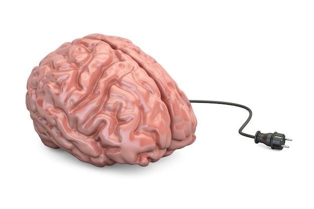 Un cerveau avec une prise devant se recharger