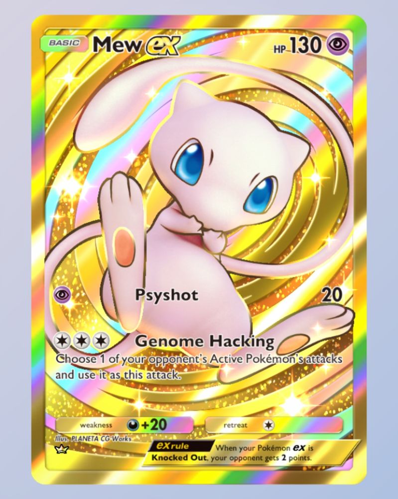 A screenshot of a Mew ex card from Pokémon TCG Pocket, from the Mythical Island set. It features the Pokémon Mew, who is pink and catlike with a long tail and blue eyes, holding its paws in front of its mouth. The background is a swirl of gold and sparkles.