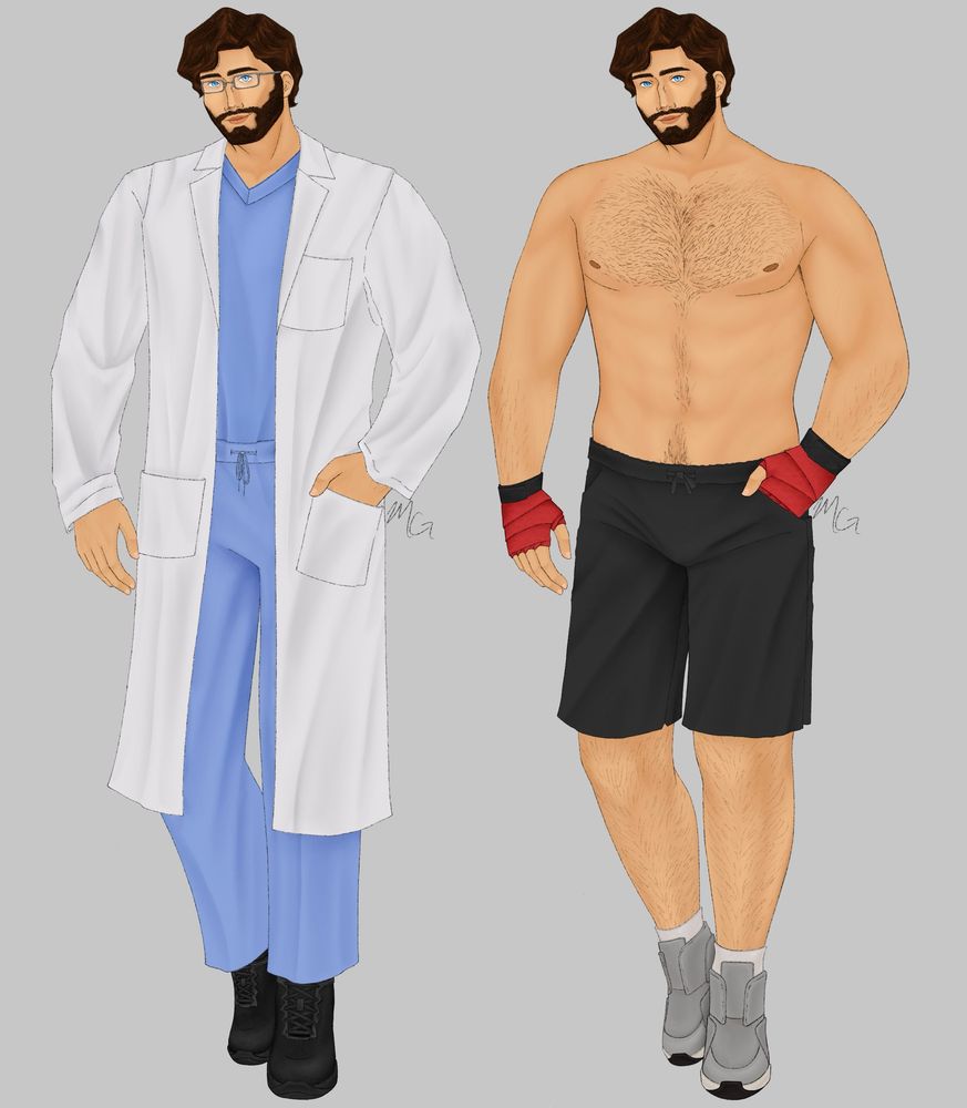 Character design drawings of Christopher Negroni, a 6’3” 27 year old Irish/Italian man with blue eyes, wavy dark brown hair, a thick beard, and a crooked nose bridge from an injury. Side by side are two different outfits. On the left he wears blue scrubs and a white lab coat, along with black HOKA support shoes, and reading glasses. And on the right he is bare chested wearing black gym shorts, red boxing hand wraps, and grey sports shoes. 